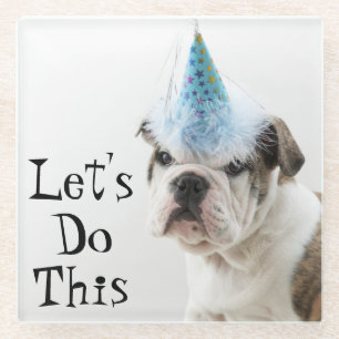 British Bulldog Puppy Wearing A Party Hat Glass Coaster