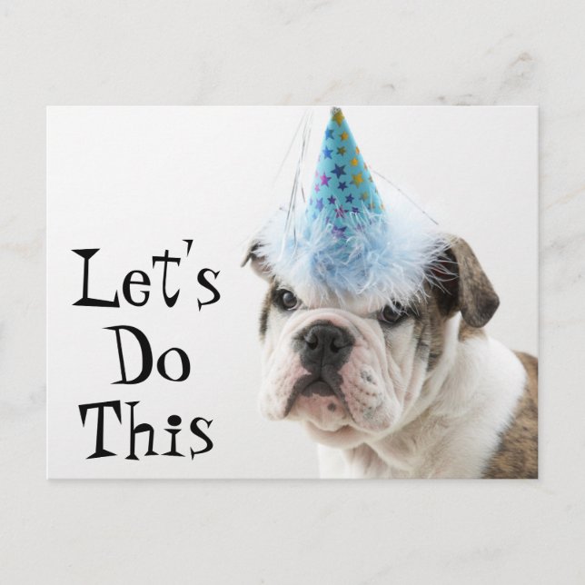 British Bulldog Puppy Wearing A Party Hat Invitation Postcard (Front)