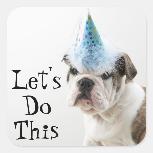 British Bulldog Puppy Wearing A Party Hat Square Sticker (Front)