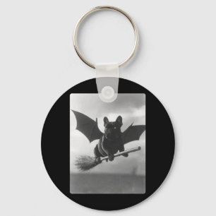 British Bulldog Witch Broom Bat Wings Spooky Key Ring