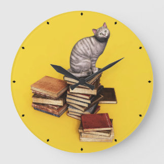 British Cat on a stack of books Large Clock