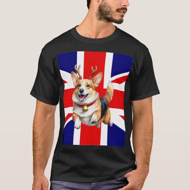 British Christmas Corgi with Reindeer Antlers T-Shirt (Front)