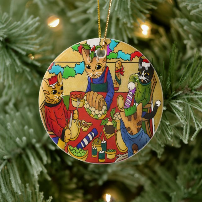 British Christmas Dinner Cats Ceramic Ornament (Tree)