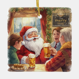 British Christmas Party Santa in the pub Ceramic Ornament