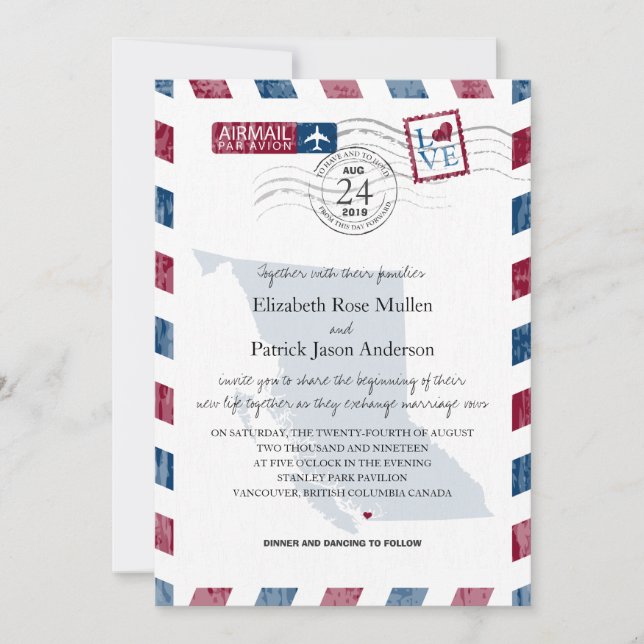 British Columbia Airmail Wedding Invitation (Front)