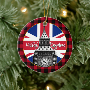 British Flag, Big Ben, buffalo plaid, Union Jack Ceramic Ornament