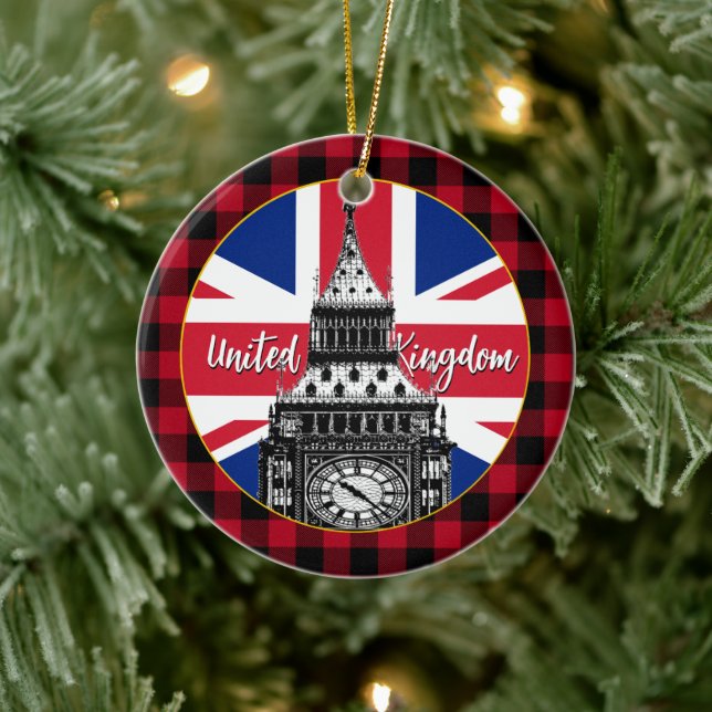 British Flag, Big Ben, buffalo plaid, Union Jack Ceramic Ornament (Tree)