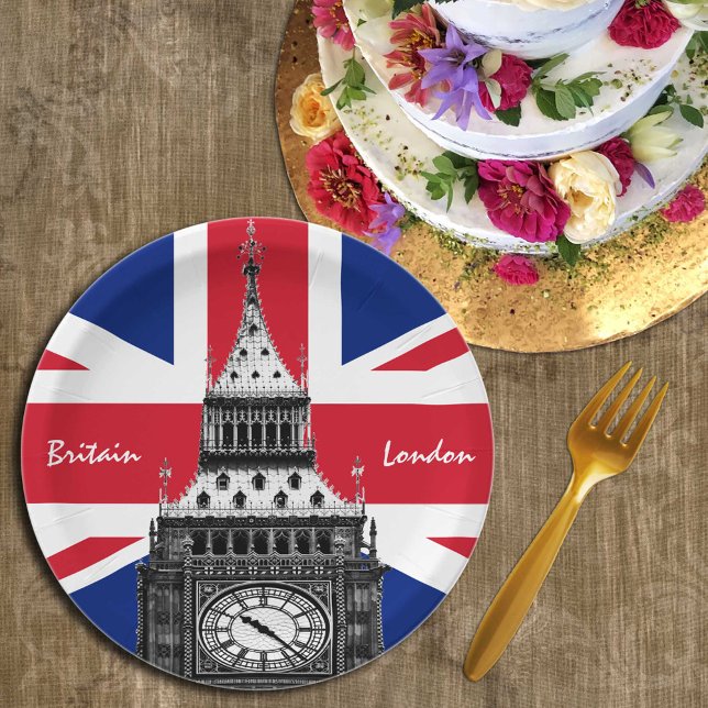 British Flag & Big Ben - London, UK /sports fans Paper Plate (Creator Uploaded)