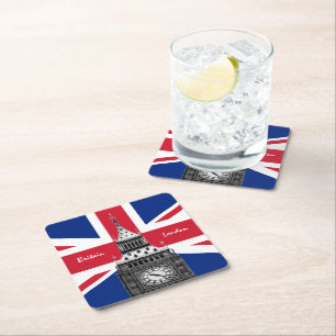 British Flag & Big Ben - London, UK /sports fans Square Paper Coaster