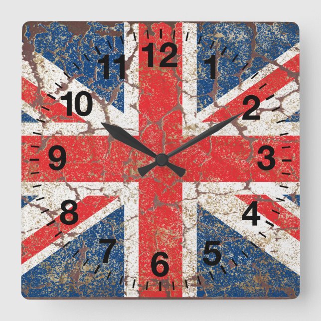 British Flag Distressed Square Wall Clock (Front)