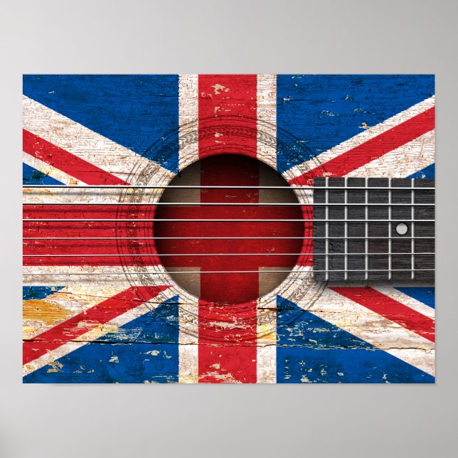 British Flag on Old Acoustic Guitar Poster (Front)
