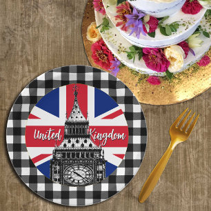 British Flag Plate, Big Ben, Plaid, United Kingdom Paper Plate