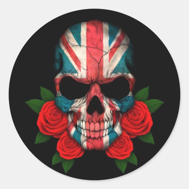British Flag Skull with Red Roses Classic Round Sticker (Front)