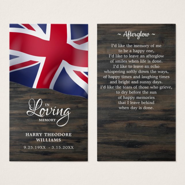 British Flag Sympathy Memorial Funeral Prayer Card (Front & Back)
