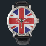 British flag wrist watch<br><div class="desc">British flag wrist watch | Union Jack clock print. Personalizable with your own custom text or name. Cheapest gift idea for Britain's national and royal events. English flag colours; red white and blue.</div>
