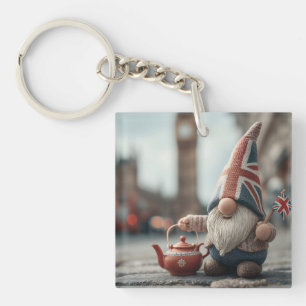 British Gnome with Union Jack Hat and Teapot Key Ring