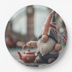 British Gnome with Union Jack Hat and Teapot Paper Plate