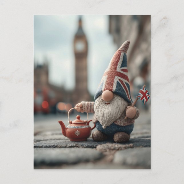 British Gnome with Union Jack Hat and Teapot  Postcard (Front)