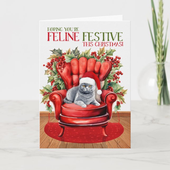 British Grey Christmas Cat FELINE Festive Holiday Card (Front)
