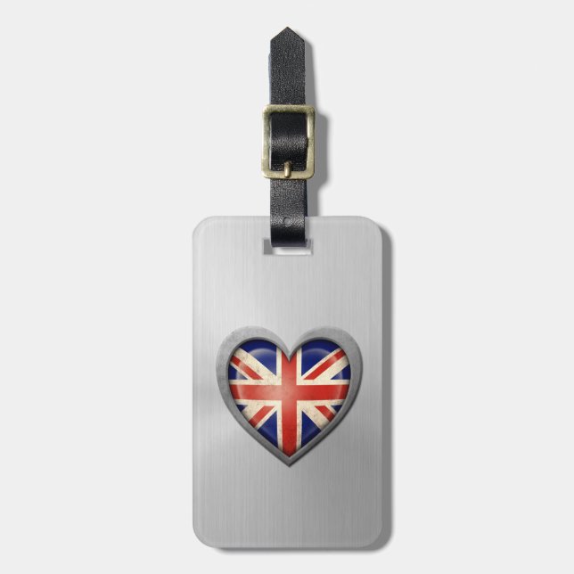 British Heart Flag Stainless Steel Effect Luggage Tag (Front Vertical)