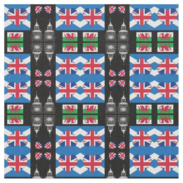British Heart, Welsh Dragon & Scottish Flag / UK Fabric (Close Up)