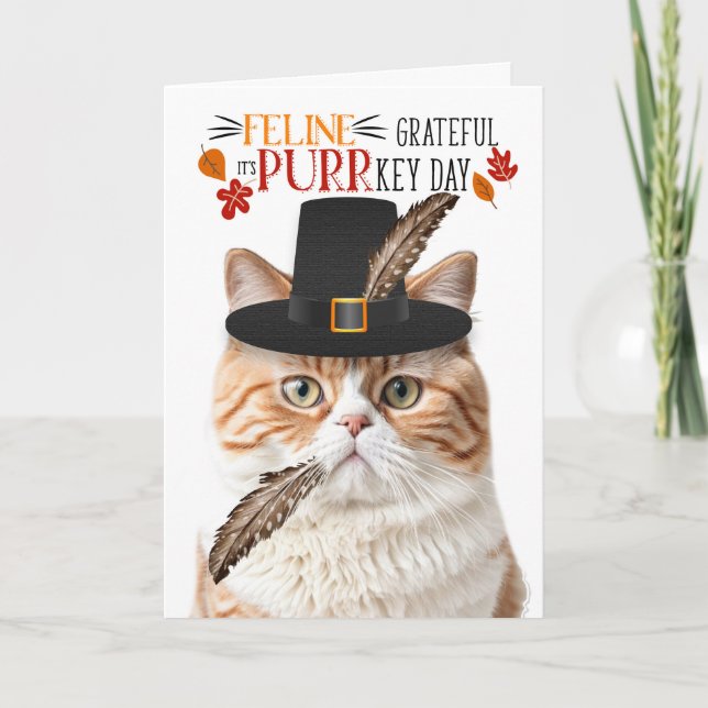 British Orange Cat Feline Grateful for PURRkey Day Holiday Card (Front)