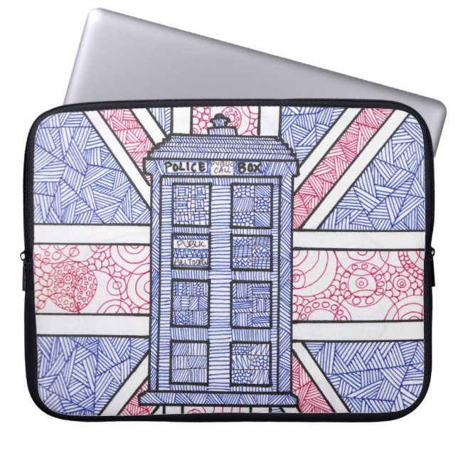 British Police Box and Union Jack Flag Illustrated Laptop Sleeve (Front)