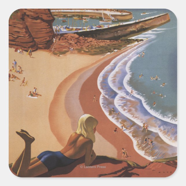 British Railways Girl Looking over a Cliff Square Sticker (Front)