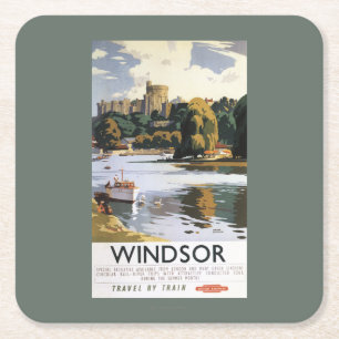 British Railways Windsor Castle Thames Poster Square Paper Coaster