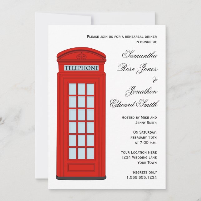 British Red Telephone Box Wedding Rehearsal Dinner Invitation (Front)
