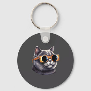British Short Hair Cat With Solar Eclipse Gles Key Ring