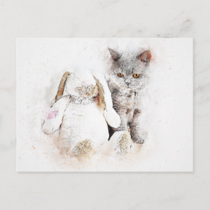 British Shorthair & Bunny   Abstract   Watercolor Postcard