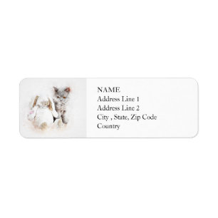 British Shorthair & Bunny   Abstract   Watercolor Return Address Label