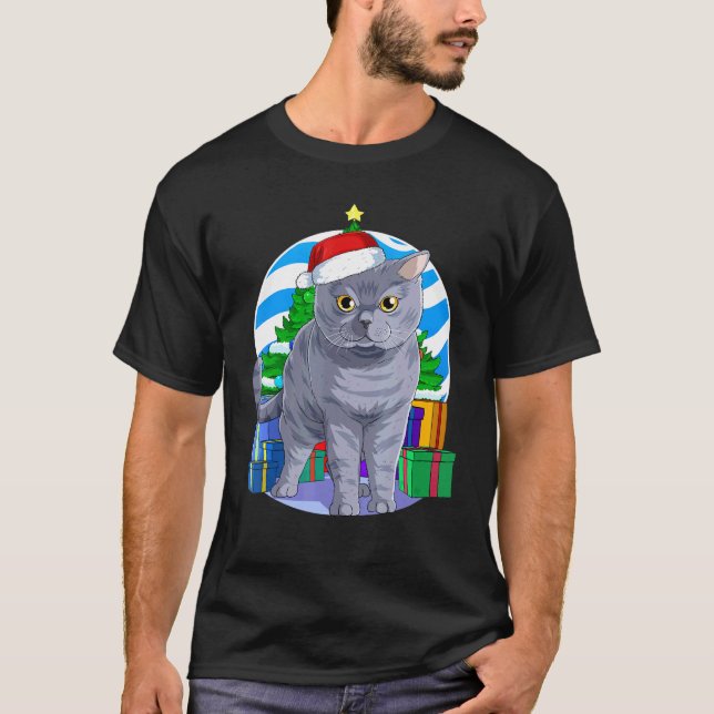 British Shorthair Cat Cute Santa Christmas Tree De T-Shirt (Front)