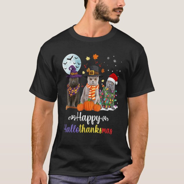 British Shorthair Cat Halloween Merry Christmas 1 T-Shirt (Front)