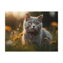 British Shorthair Cat in Flower Meadow