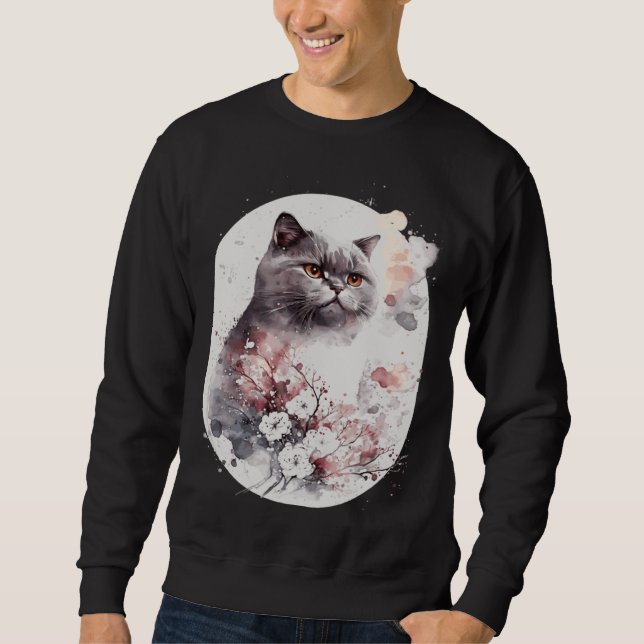 British Shorthair Cat Japanese Cherry Blossom Saku Sweatshirt (Front)