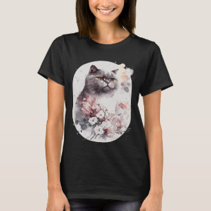 British Shorthair Cat Japanese Cherry Blossom Saku T-Shirt