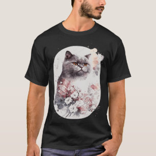British Shorthair Cat Japanese Cherry Blossom Saku T-Shirt