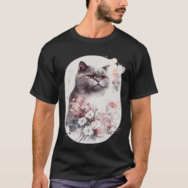 British Shorthair Cat Japanese Cherry Blossom Saku T-Shirt (Front)