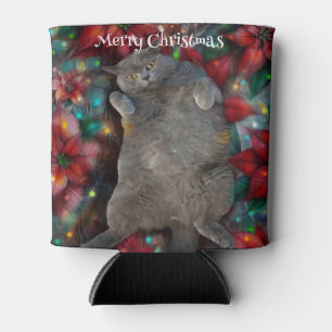 British Shorthair Cat Kitty in Poinsettias Lights Can Cooler