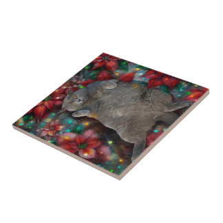British Shorthair Cat Kitty Poinsettias Christmas  Ceramic Tile