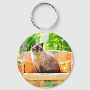British Shorthair Cat on Orange Sofa Key Ring