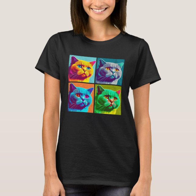 British Shorthair Cat Pop Illustration Colorful T-Shirt (Front)