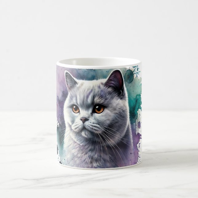 British Shorthair Cat Portrait in Lilac Coffee Mug (Center)