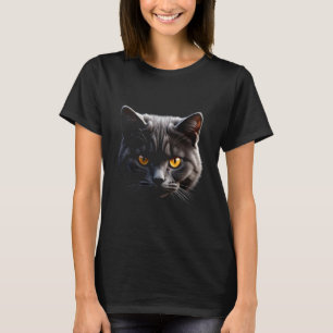 British Shorthair Cat Realistic Face Art Black T-Shirt