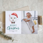 British Shorthair Cat Santa Green Photo Christmas Holiday Card<br><div class="desc">Merry Christmas! Send Christmas wishes to family and friends with a cat-themed Christmas photo card. It features a watercolor illustration of a cute white British shorthair cat with a Santa hat and tartan bow tie. Personalize by adding a photo, name and other details. This cat Christmas photo card is perfect...</div>