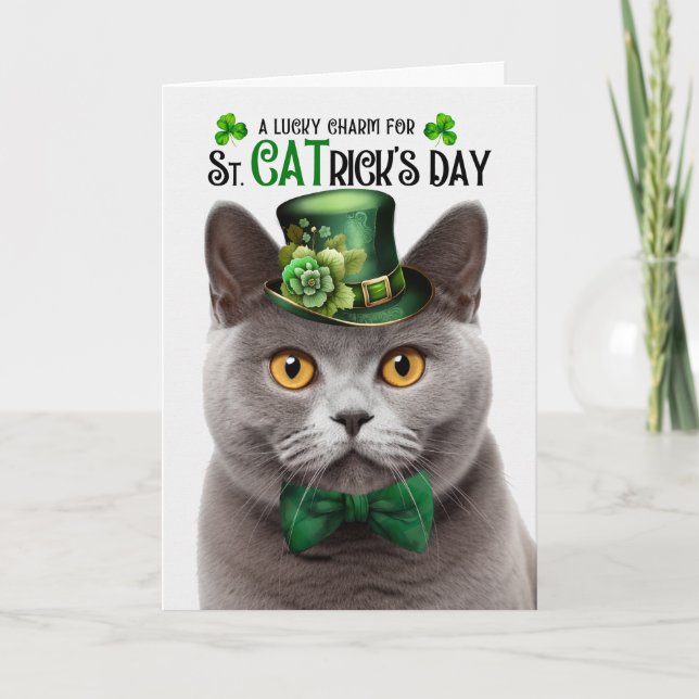 British Shorthair Cat St CATrick's Day Lucky Charm Holiday Card (Front)