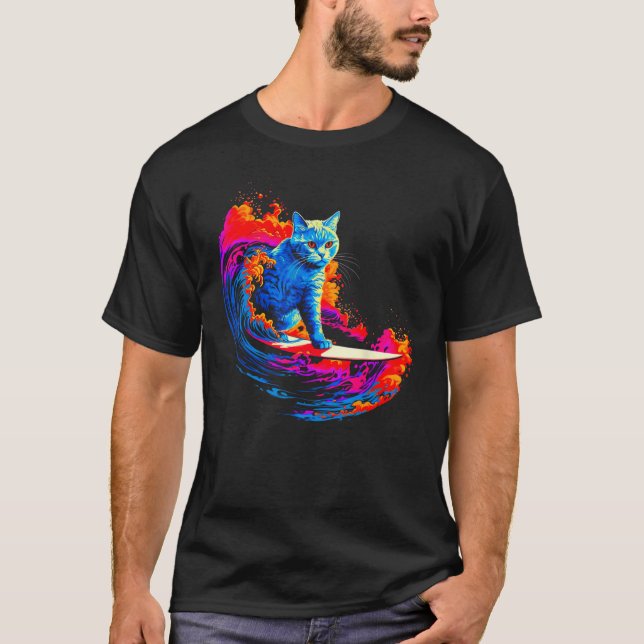 British Shorthair Cat Surfing T-Shirt (Front)