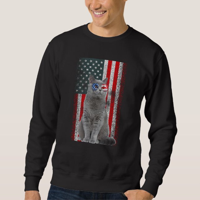 British Shorthair Cat US Flag Sunglasses Independe Sweatshirt (Front)